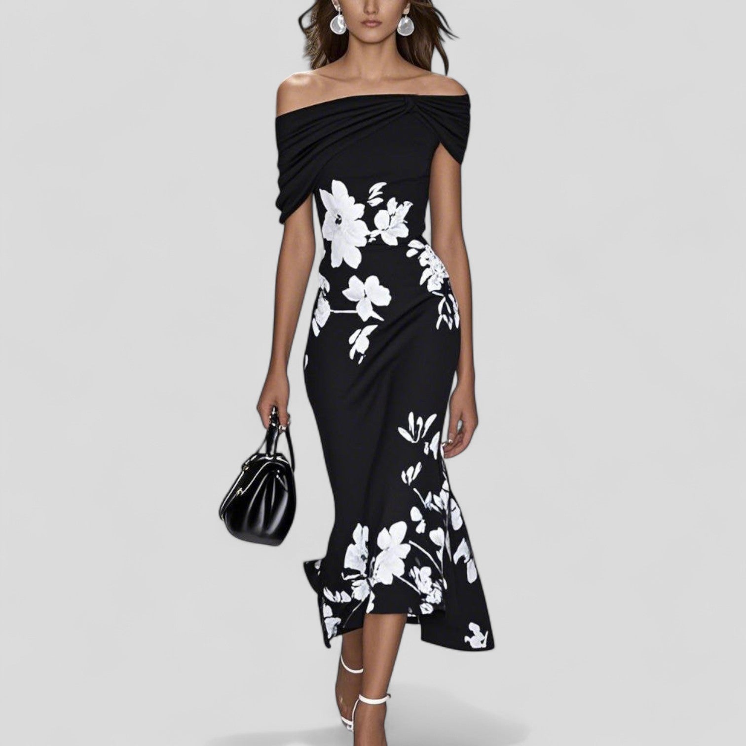 Robe Midi Élegante Florale Femme Sans Épaules Décontractée Formelle Invité de Mariage Chic – Isabrunel