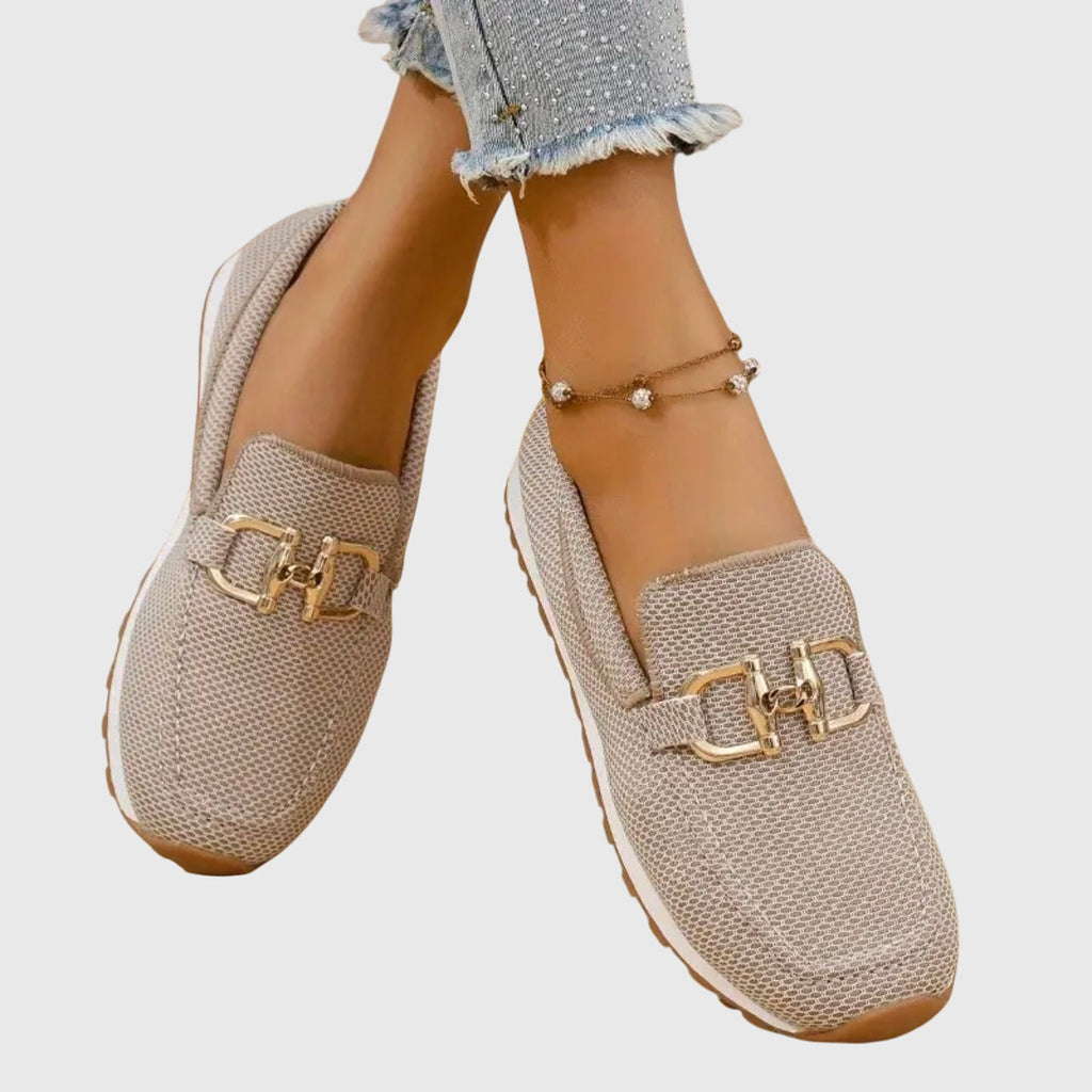 Atmungsaktive orthopädische Mokassins für Damen, zweifarbige goldene Details, leichtes Slip-On – Susana
