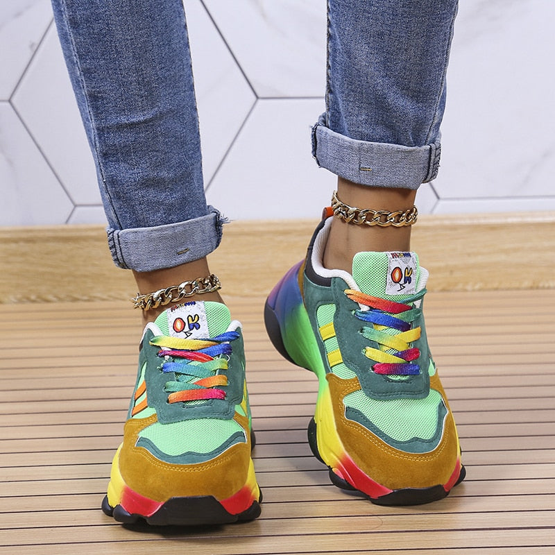 Baskets Chunky Femme à Lacets Arc-en-Ciel Semelle Épaisse Chaussures Décontractées Légères - Hiverline