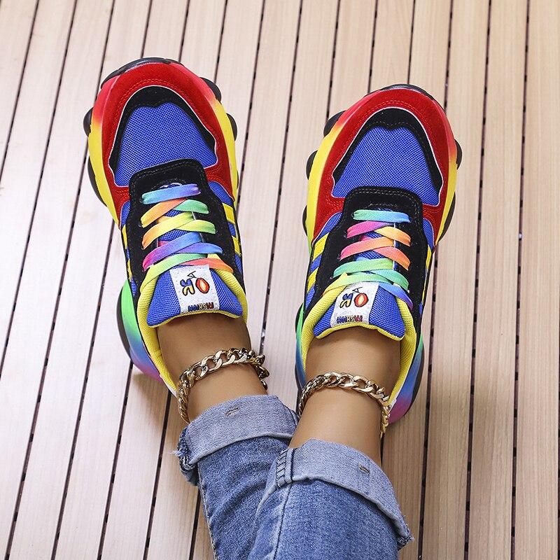 Baskets Chunky Femme à Lacets Arc-en-Ciel Semelle Épaisse Chaussures Décontractées Légères - Hiverline