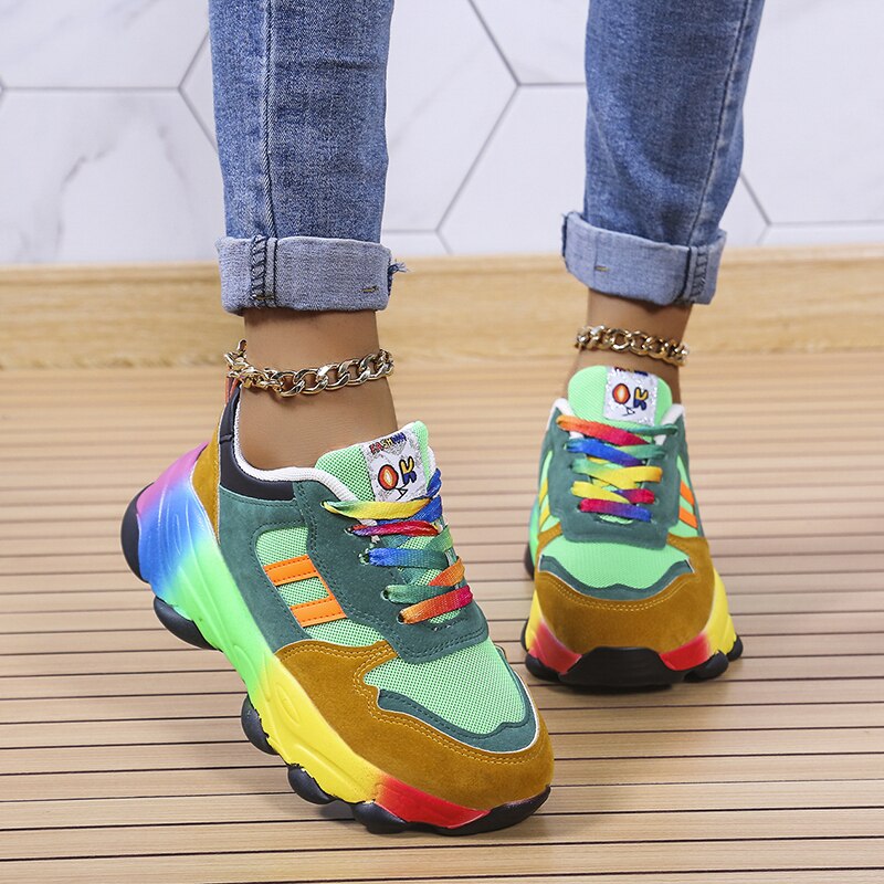 Baskets Chunky Femme à Lacets Arc-en-Ciel Semelle Épaisse Chaussures Décontractées Légères - Hiverline