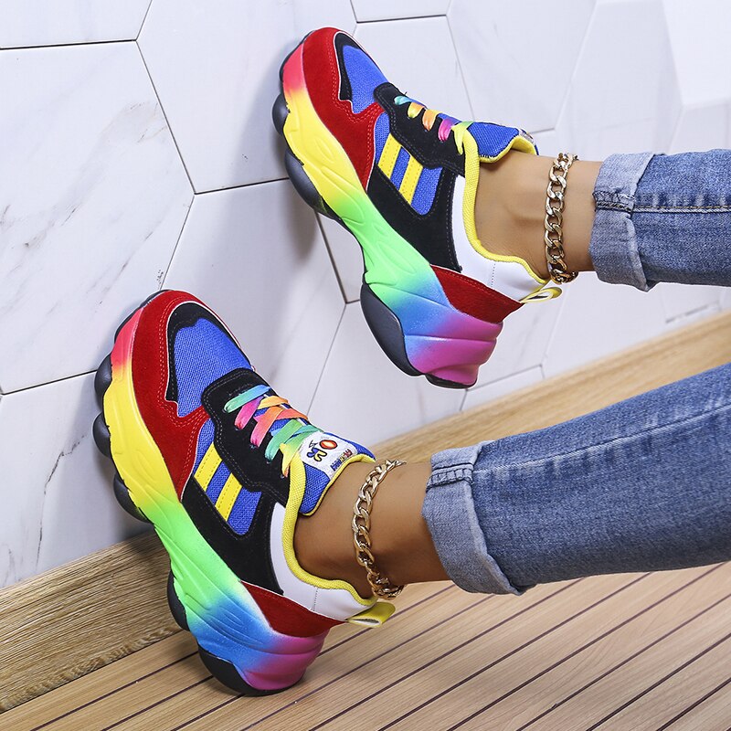 Baskets Chunky Femme à Lacets Arc-en-Ciel Semelle Épaisse Chaussures Décontractées Légères - Hiverline