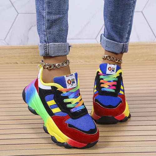 Baskets Chunky Femme à Lacets Arc-en-Ciel Semelle Épaisse Chaussures Décontractées Légères - Hiverline
