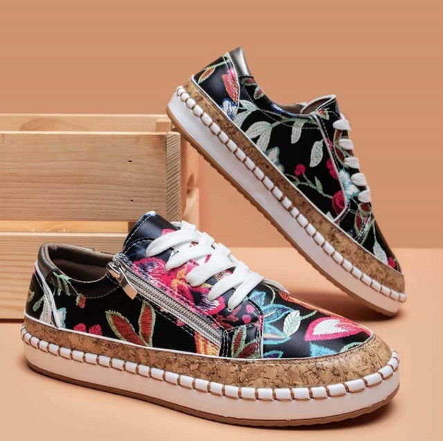Baskets Espadrilles à Imprimé Floral pour Femmes – Lacets & Semelle Liège Casual Été - Hiverline