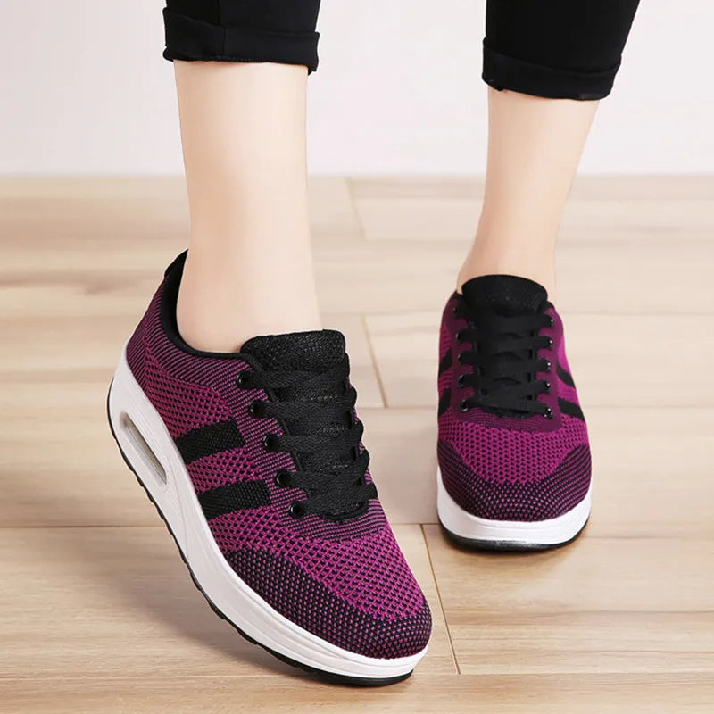 Baskets Femme Lacées Plateforme Amortissante Maille Respirante Chaussures Casual Marche Quotidienne - Hiverline