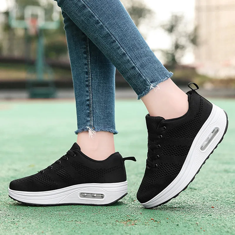 Baskets Femme Lacées Plateforme Amortissante Maille Respirante Chaussures Casual Marche Quotidienne - Hiverline