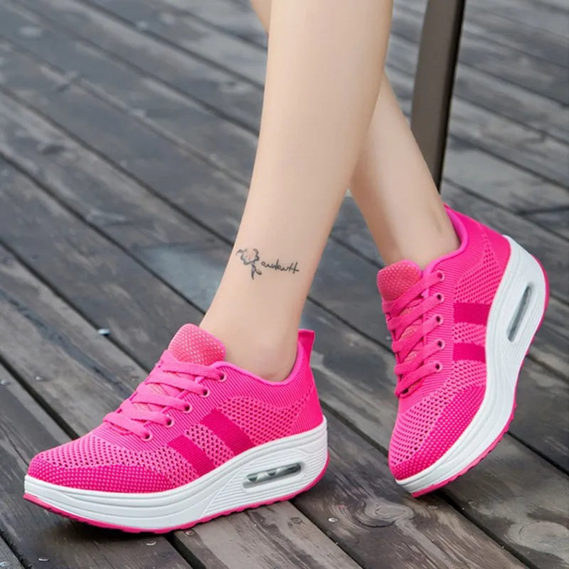 Baskets Femme Lacées Plateforme Amortissante Maille Respirante Chaussures Casual Marche Quotidienne - Hiverline