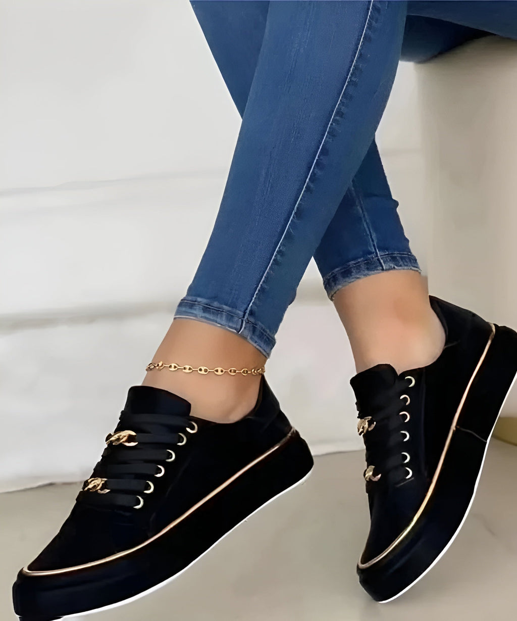 Baskets Femme Lacets Chaîne Dorée Semelle Plateforme Casual Décontractées - Hiverline