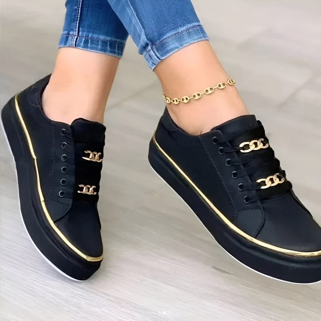 Baskets Femme Lacets Chaîne Dorée Semelle Plateforme Casual Décontractées - Hiverline