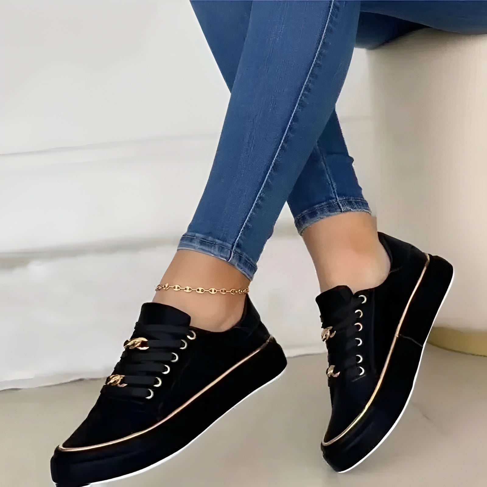 Baskets Femme Lacets Chaîne Dorée Semelle Plateforme Casual Décontractées - Hiverline