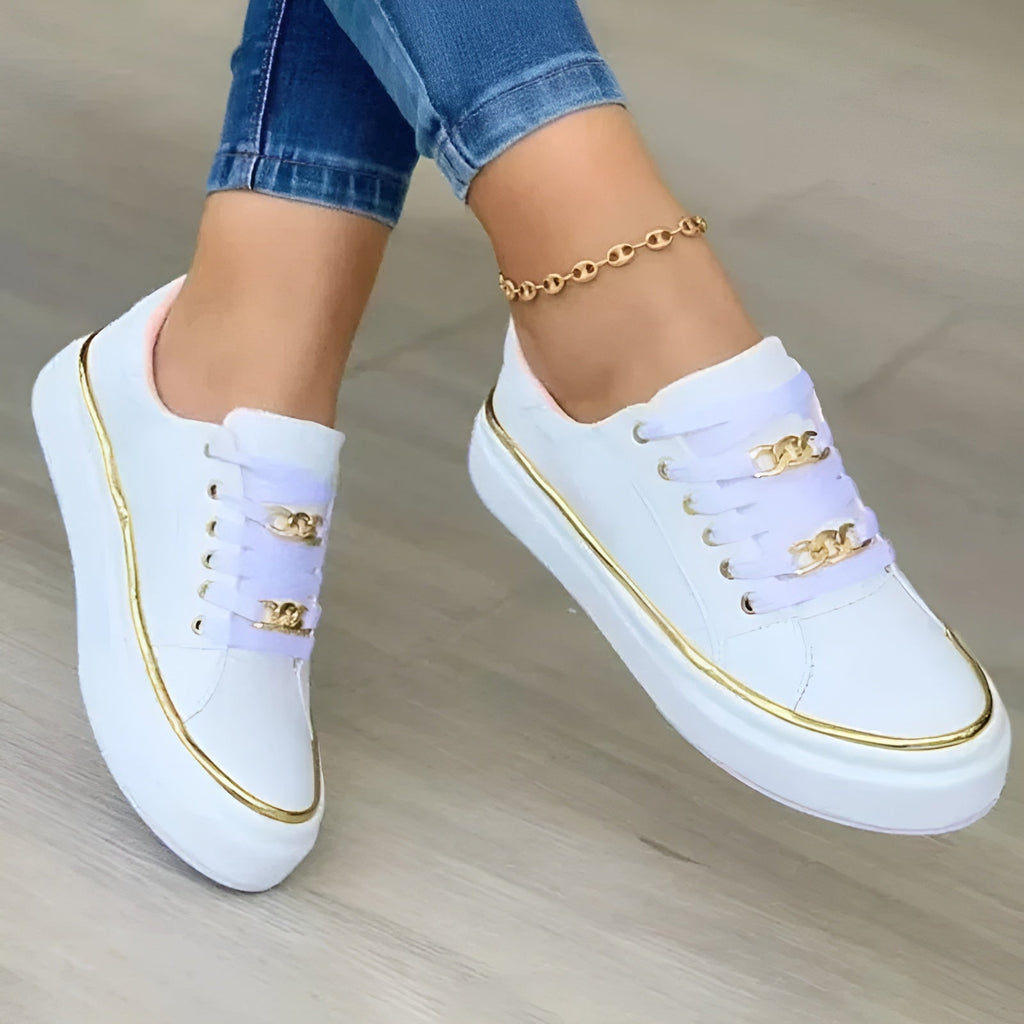 Baskets Femme Lacets Chaîne Dorée Semelle Plateforme Casual Décontractées - Hiverline