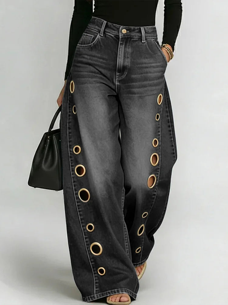 Jeans Damen Hohe Taille Weite Hose Freizeit Mode Alltag Streetwear Reißverschluss Denim – Riviera