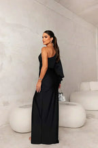 Abito lungo monospalla per donne con maniche fluttuanti e spacco laterale elegante per matrimonio, formale, serata – Helen