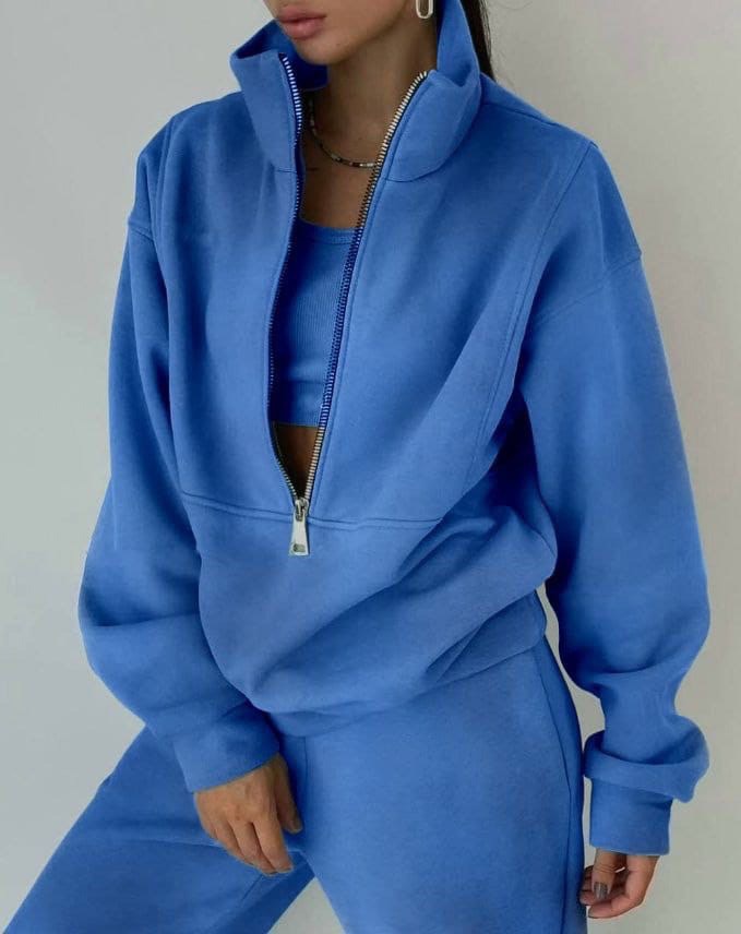 Lässiges Oversized Damen-Set aus zwei Teilen mit Kapuzen-Sweatshirt mit halbem Reißverschluss und High-Waist-Jogginghose, Streetwear Lounge Komfort – Grace