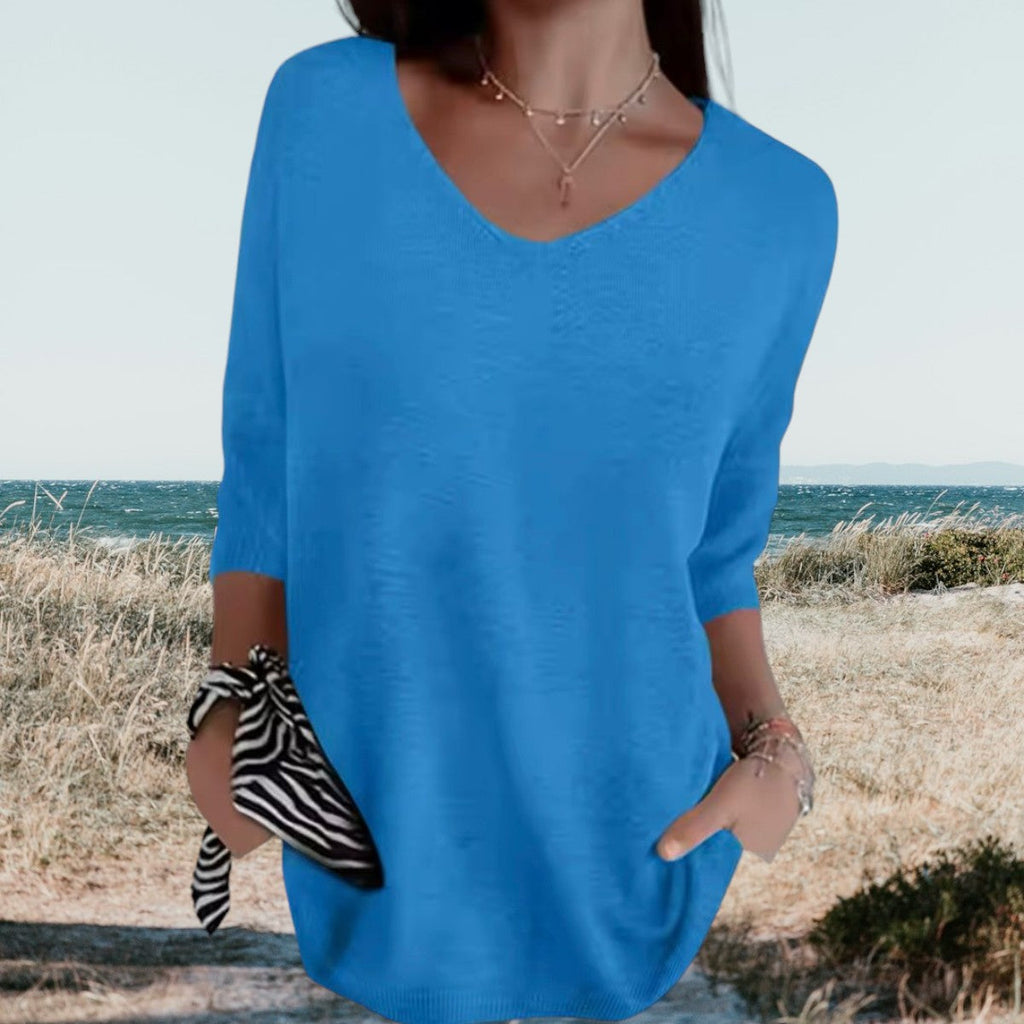 T-shirt estiva a maglia con scollo a V da donna, leggera, taglio casual, versatile e morbida – Gerda