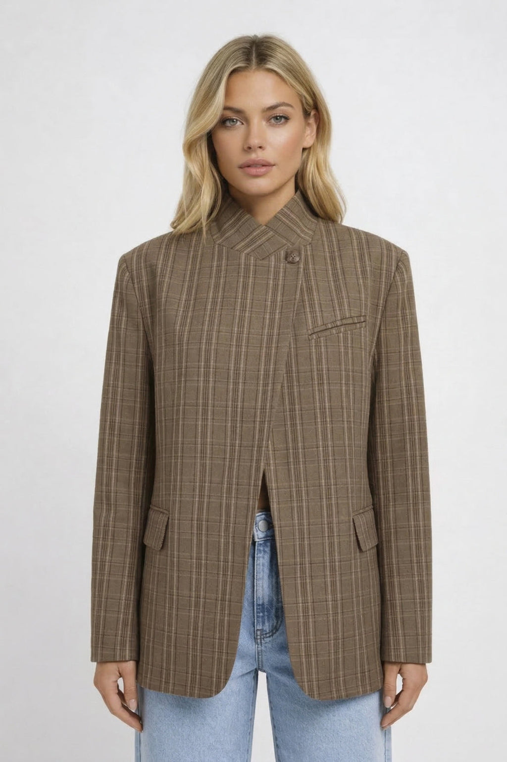 Blazer Femme à Carreaux Col Droit Croisé Asymétrique - Hiverline
