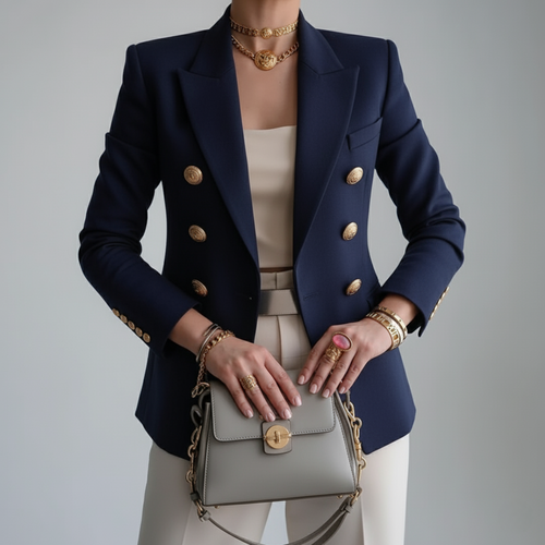 Blazer Femme Double Boutonnage à Boutons Dorés et Revers Cranté - Hiverline
