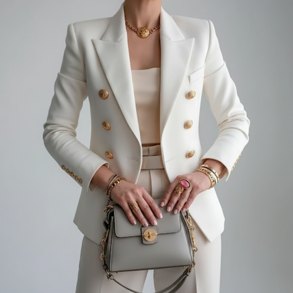 Blazer Femme Double Boutonnage à Boutons Dorés et Revers Cranté - Hiverline