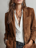 Blazer Femme en Suédine à Col Tailleur Simple Boutonnage Coupe Ajustée Casual Bureau - Hiverline