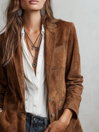 Blazer Femme en Suédine à Col Tailleur Simple Boutonnage Coupe Ajustée Casual Bureau - Hiverline