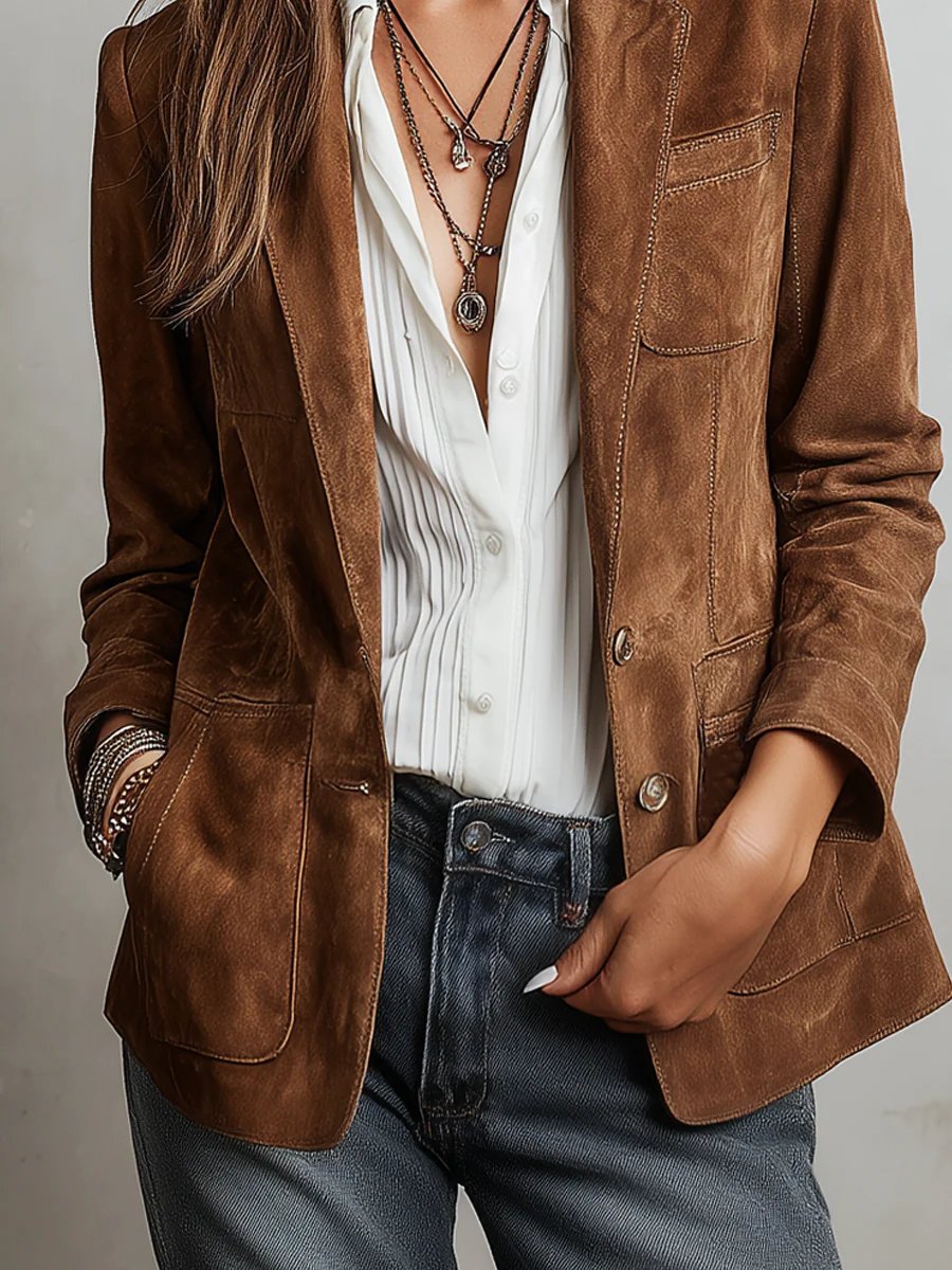 Blazer Femme en Suédine à Col Tailleur Simple Boutonnage Coupe Ajustée Casual Bureau - Hiverline