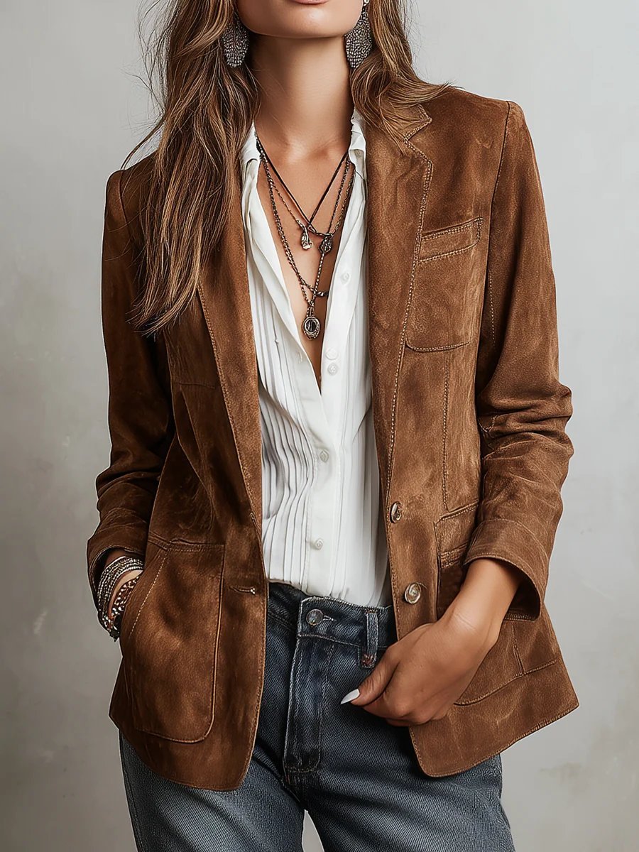 Blazer Femme en Suédine à Col Tailleur Simple Boutonnage Coupe Ajustée Casual Bureau - Hiverline
