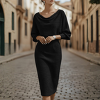 Robe Midi Élégante à Col Bateau pour Femme à Manches Longues – Bureau, Cocktail, Invité de Mariage – Gris Noir Beige Bleu