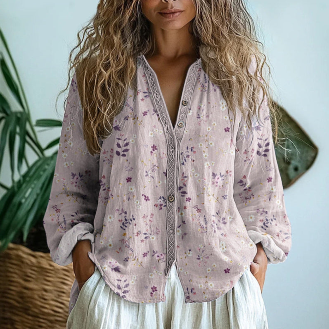 Blouse Femme Lin Manches Longues Imprimé Botanique Col V Bohème Casual - Hiverline
