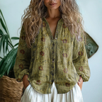 Blouse Femme Lin Manches Longues Imprimé Botanique Col V Bohème Casual - Hiverline