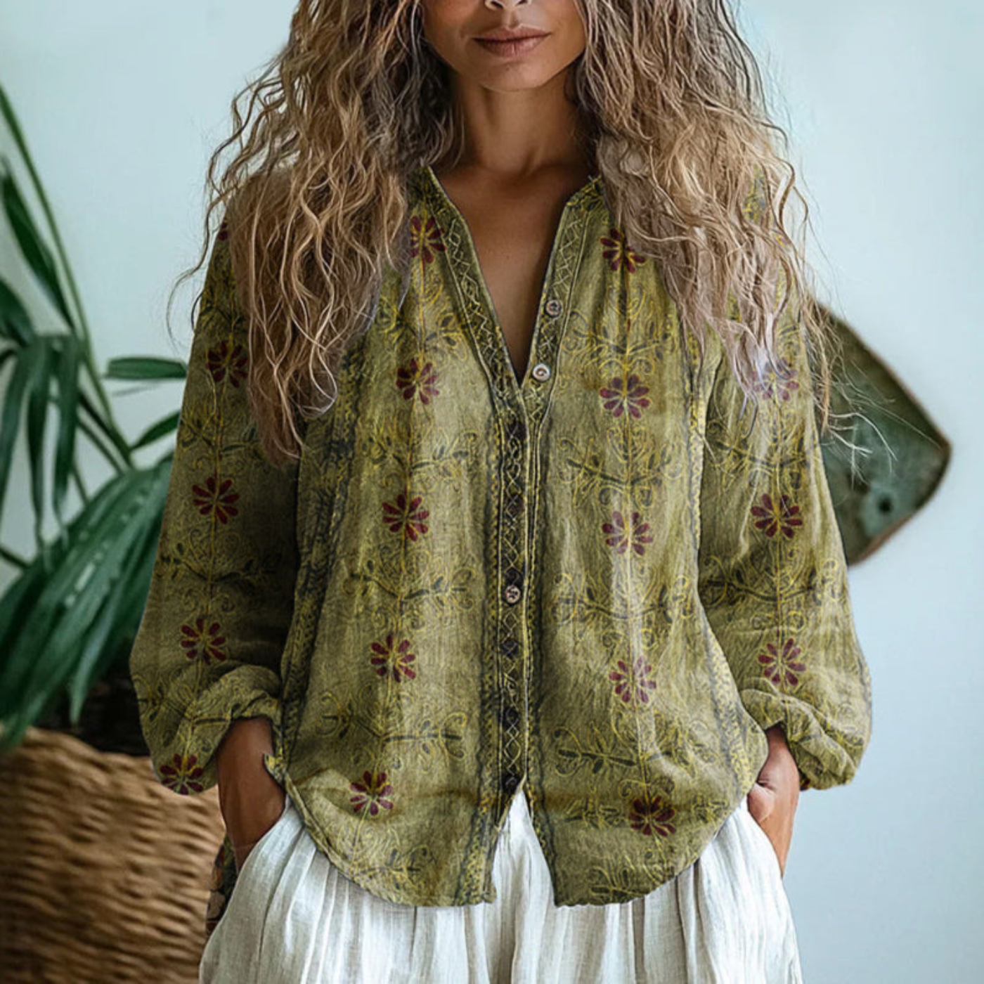 Blouse Femme Lin Manches Longues Imprimé Botanique Col V Bohème Casual - Hiverline