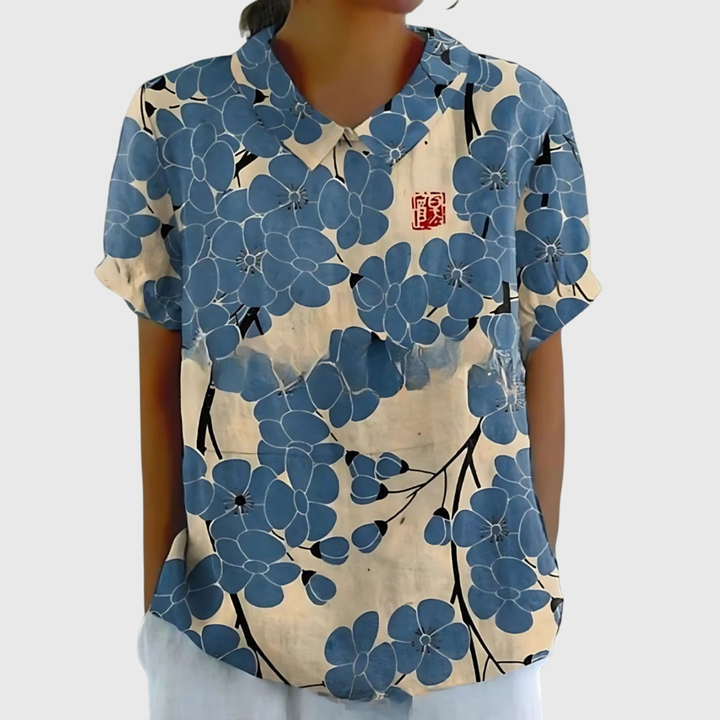 Blouse Florale Femme Col Claudine Manches Courtes Lin Casual Été - Hiverline