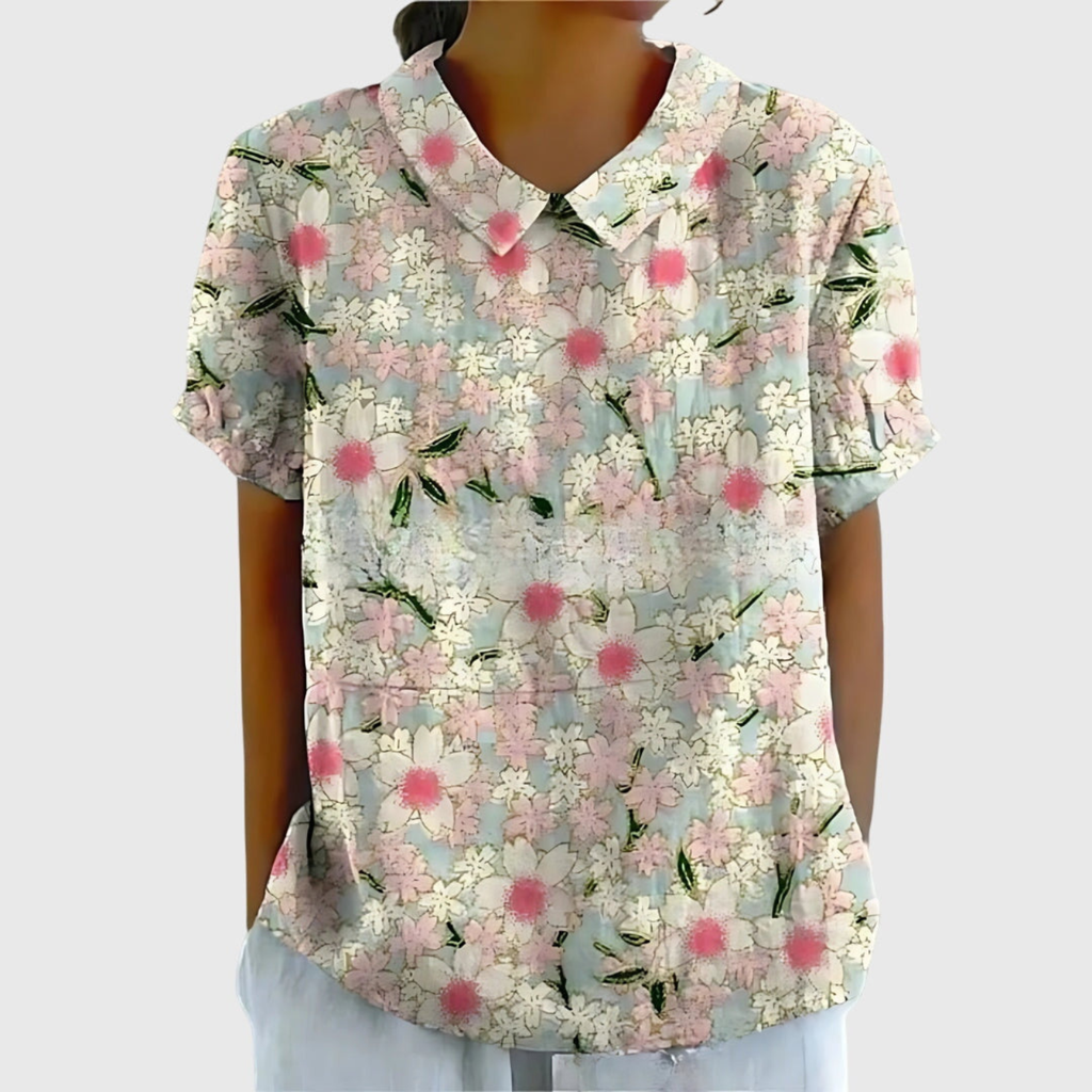 Blouse Florale Femme Col Claudine Manches Courtes Lin Casual Été - Hiverline
