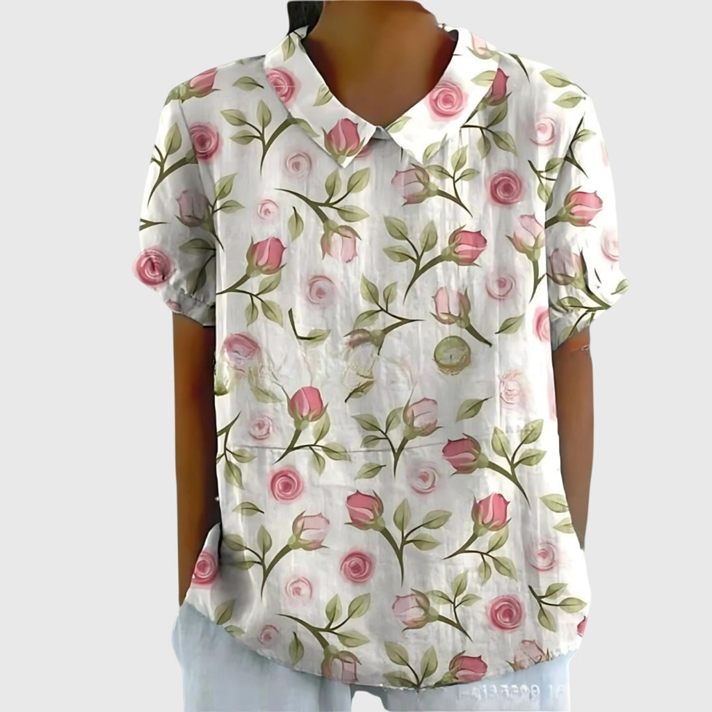 Blouse Florale Femme Col Claudine Manches Courtes Lin Casual Été - Hiverline
