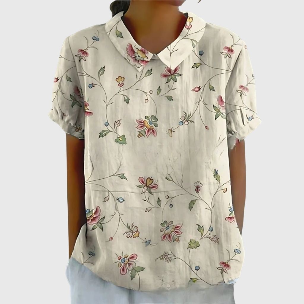 Blouse Florale Femme Col Claudine Manches Courtes Lin Casual Été - Hiverline