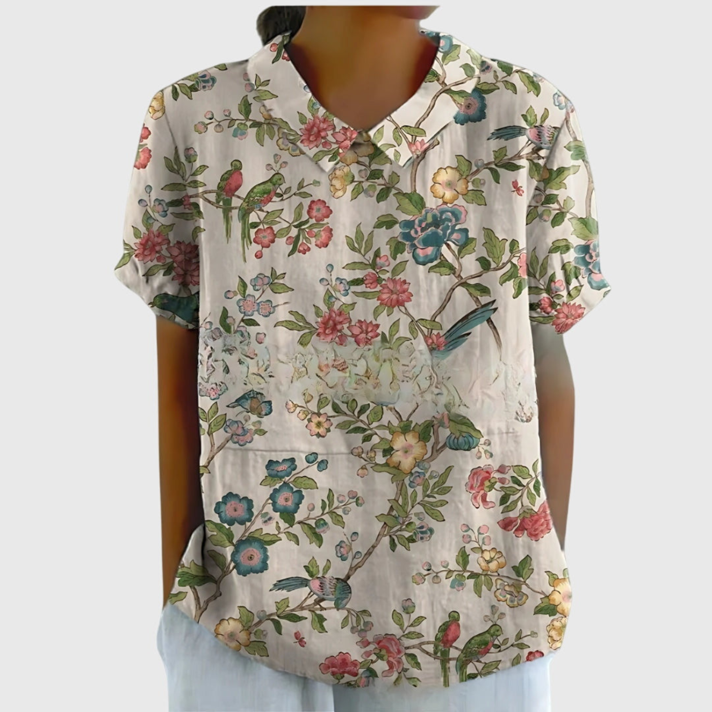 Blouse Florale Femme Col Claudine Manches Courtes Lin Casual Été - Hiverline