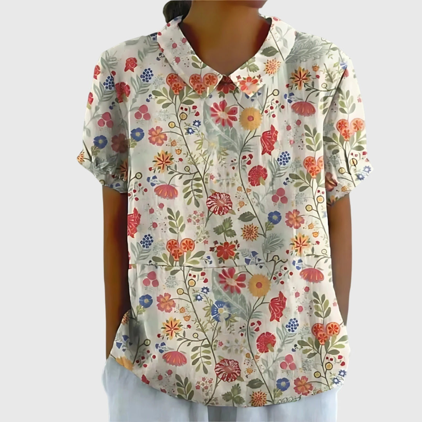 Blouse Florale Femme Col Claudine Manches Courtes Lin Casual Été - Hiverline