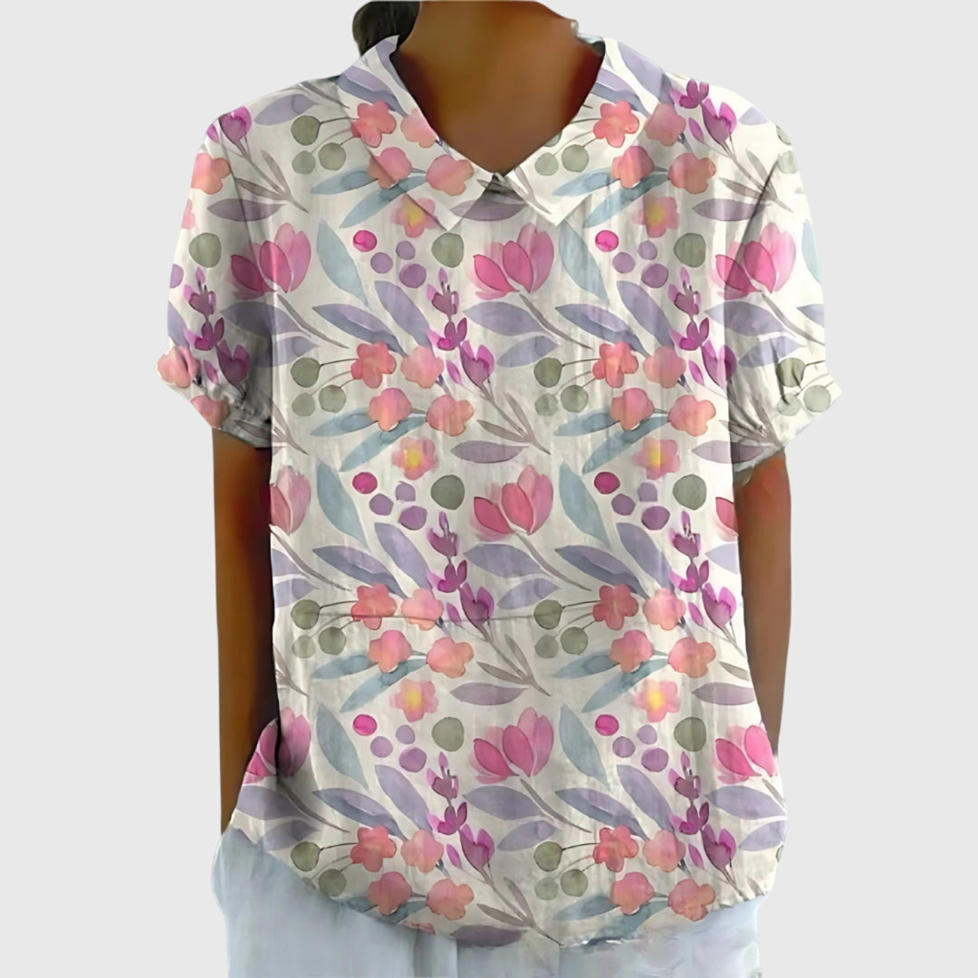 Blouse Florale Femme Col Claudine Manches Courtes Lin Casual Été - Hiverline