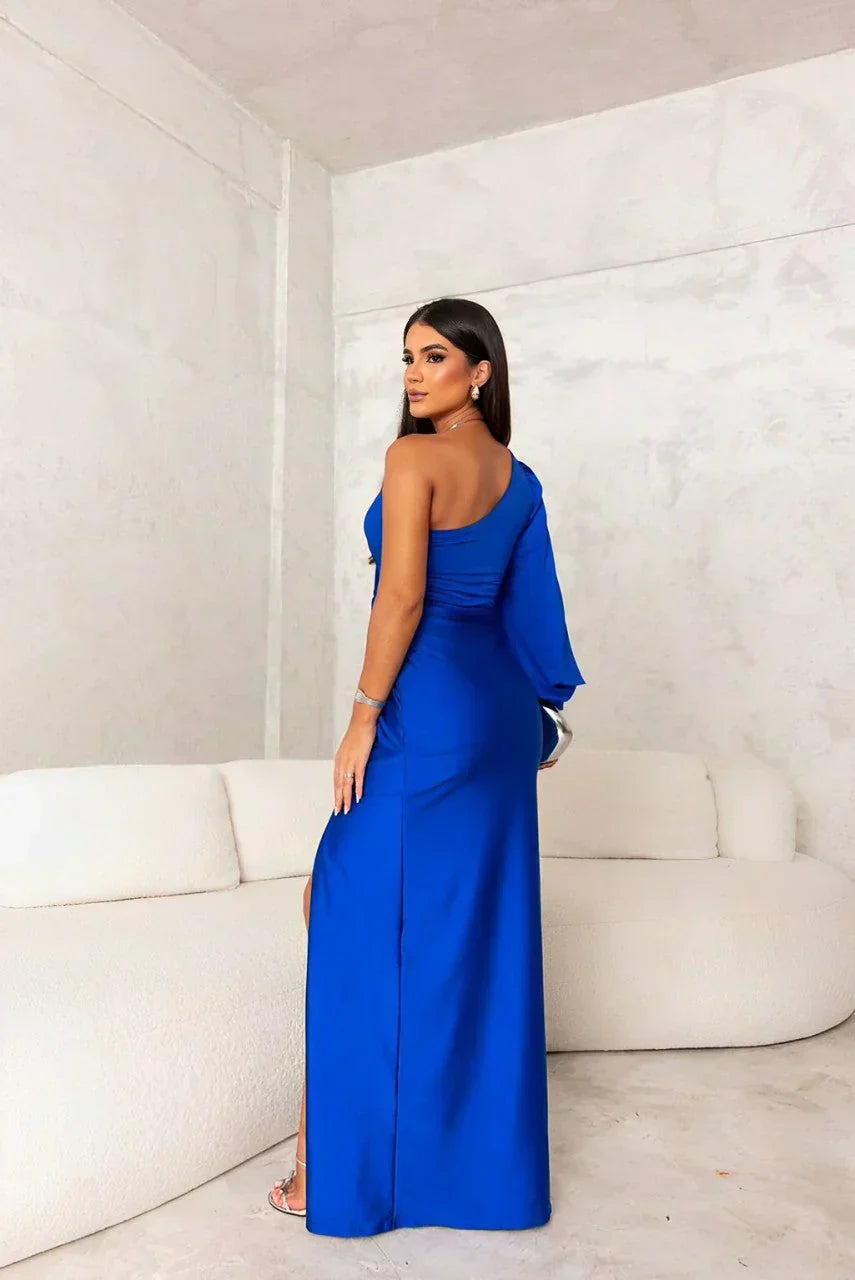 Abito lungo monospalla per donne con maniche fluttuanti e spacco laterale elegante per matrimonio, formale, serata – Helen
