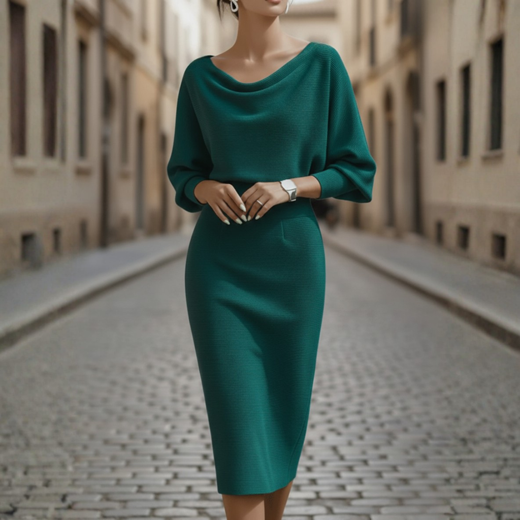Robe Midi Élégante à Col Bateau pour Femme à Manches Longues – Bureau, Cocktail, Invité de Mariage – Gris Noir Beige Bleu