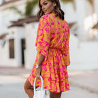 Robe Mini Ruffle Florale Boho pour Femme à Manches Chauve-Souris et Décolleté en V – Orange Rose
