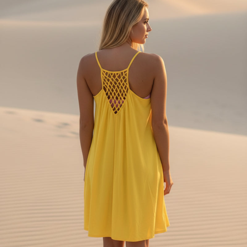 Robe Mini Sans Manches Boho Femme Couverture de Plage à Bretelles Spaghetti Détail en Crochet Dos Décontractée d'Été
