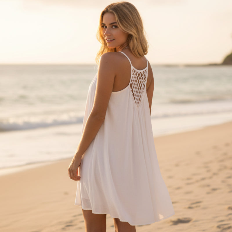 Robe Mini Sans Manches Boho Femme Couverture de Plage à Bretelles Spaghetti Détail en Crochet Dos Décontractée d'Été