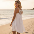 Robe Mini Sans Manches Boho Femme Couverture de Plage à Bretelles Spaghetti Détail en Crochet Dos Décontractée d'Été