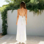 Robe Longue Boho en Dentelle Découpée à Bretelles Spaghetti A-Ligne Fluide Décontractée d'Été – Blanche
