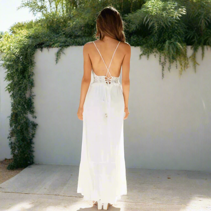 Robe Longue Boho en Dentelle Découpée à Bretelles Spaghetti A-Ligne Fluide Décontractée d'Été – Blanche
