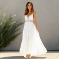 Robe Longue Boho en Dentelle Découpée à Bretelles Spaghetti A-Ligne Fluide Décontractée d'Été – Blanche