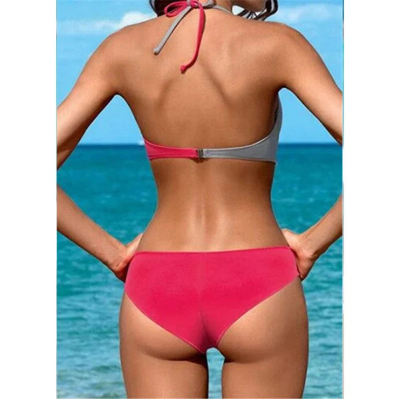 Conjunto de Bikini Mujer Push Up Bicolor Sin Aros, Con Lazo Ajustable en el Cuello, Cintura Baja, Talla Grande, Playa Verano – Multicolor
