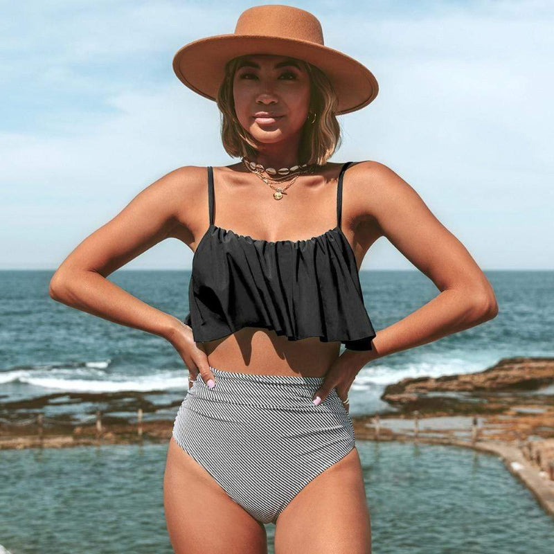 Ensemble de bikini tank à volants taille haute boho pour femmes, spandex nylon, contrôle du ventre, plage été – Mult