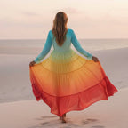 Boho Maxikleid mit Regenbogen-Volants für Damen, fließende Lagen, V-Ausschnitt, lange Ärmel, lässiges Sommerkleid für Festivals – Mehrfarbig
