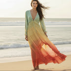 Boho Maxikleid mit Regenbogen-Volants für Damen, fließende Lagen, V-Ausschnitt, lange Ärmel, lässiges Sommerkleid für Festivals – Mehrfarbig
